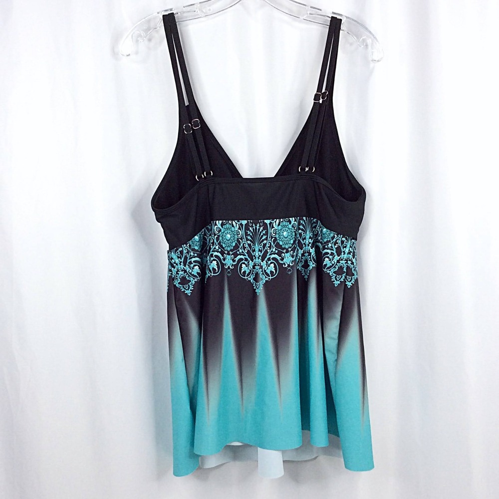Women's 2PC Swimsuit Set Size 1XL Green Black Tankini Top Boyshorts Bottoms - Picture 4 of 15